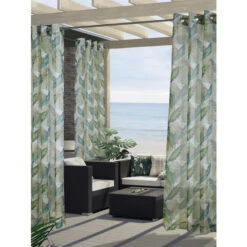 Flash Sale 😀 Vermont Country Store Island Of Palms Semi-Sheer Outdoor Grommet Top Panel Teal Taupe 😀