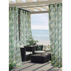 Flash Sale 😀 Vermont Country Store Island Of Palms Semi-Sheer Outdoor Grommet Top Panel Teal Taupe 😀 -Cheap Curtains Store unnamed file 1007