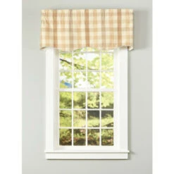 New ⭐ Vermont Country Store Moire Plaid Lined Rod Pocket Scalloped Valance Natural ❤️