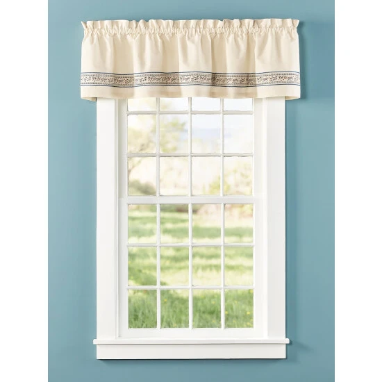Brand new 🎉 Vermont Country Store Stenciled Border Rod Pocket Muslin Tailored Valance 😀 1 Brand new 🎉 Vermont Country Store Stenciled Border Rod Pocket Muslin Tailored Valance 😀
