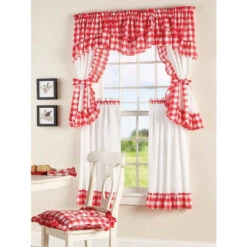New 😍 Vermont Country Store Gingham Blossom Rod Pocket Window Topper Red 🧨 -Cheap Curtains Store unnamed file 1666