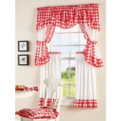 Buy 👍 Vermont Country Store Gingham Blossom Rod Pocket Insert Valance Red 🎉