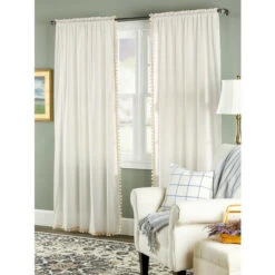 New 🤩 Vermont Country Store Classic Ball Fringe Rod Pocket Curtains White 👏